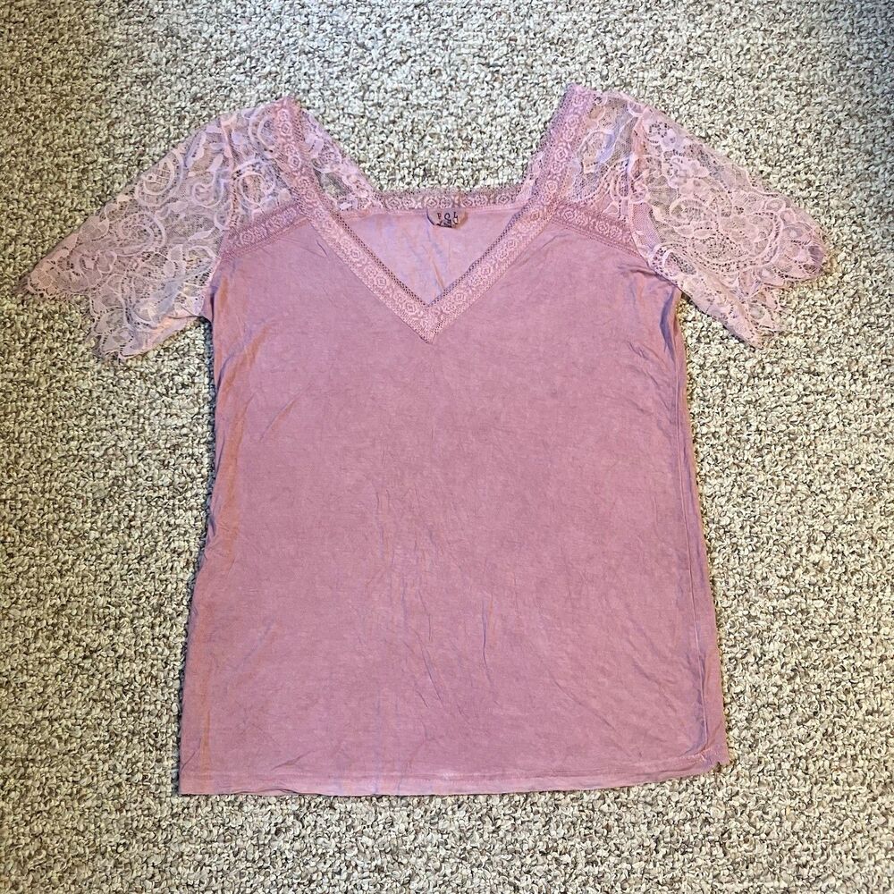 POL Womens Pink Lace Short Sleeve Shirt Size M Coquette Feminine Fairy V-Neck